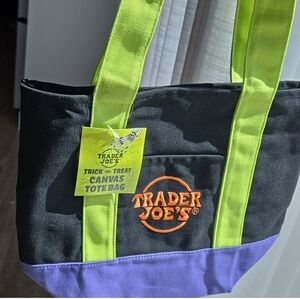 Trader Joe's Black Canvas Tote Bag with Lime Handles and Purple Base